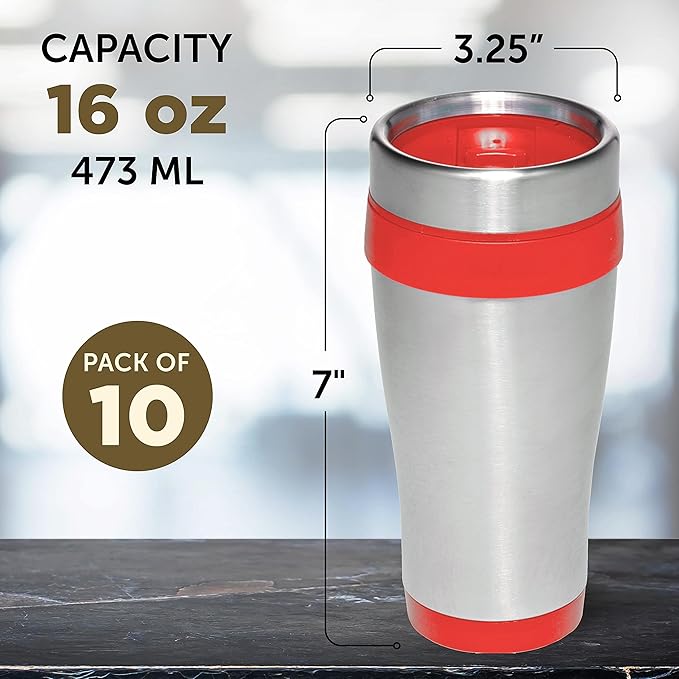 DISCOUNT PROMOS Insulated Stainless Steel Travel Mugs 16 oz. Set of 10, Bulk Pack - Perfect for Coffee, Soda, Other Hot & Cold Beverages - Red