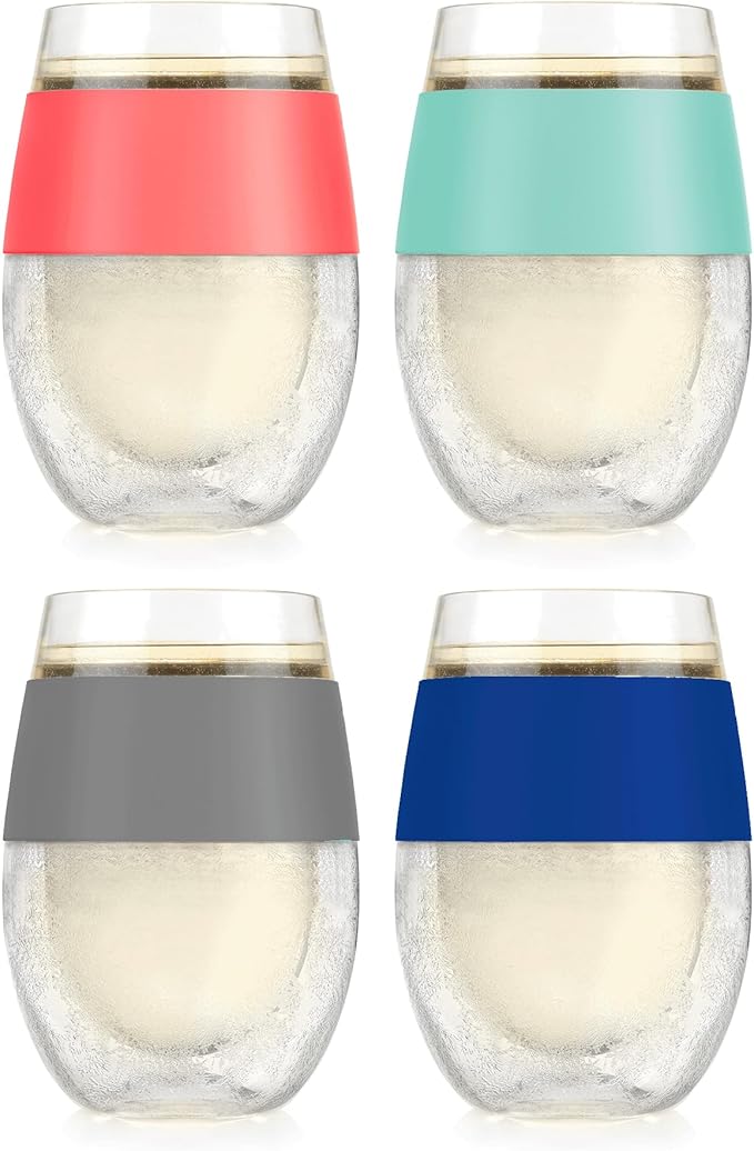HOST Cooling Cup Set of 4 Plastic Double Wall Insulated Freezable Drink Chilling Tumbler with Freezing Gel, Wine Glasses for Red and White Wine, 8.5 oz, Assorted Colors