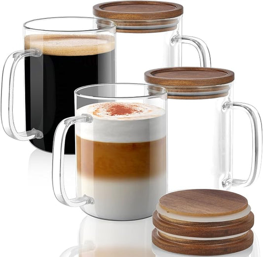 DRASTAR Glass Coffee Mugs, 20 oz Clear Coffee Cups, Coffee Mug with Acacia Wood Lid, Tea Glass Cups with Handles, Large Coffee Mug Set of 4, Glass Coffee Cups for Latte, Espresso, Tea by EnhanceYourDailyLife