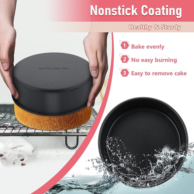 E-far 6 Inch Cake Pan Set of 3, Nonstick Stainless Steel Small Round Cake Pans Tin for Baking Layer Cakes, Stainless Steel Core & Non-toxic Coating, Straight Side & 2 Inch Deep - Image 4