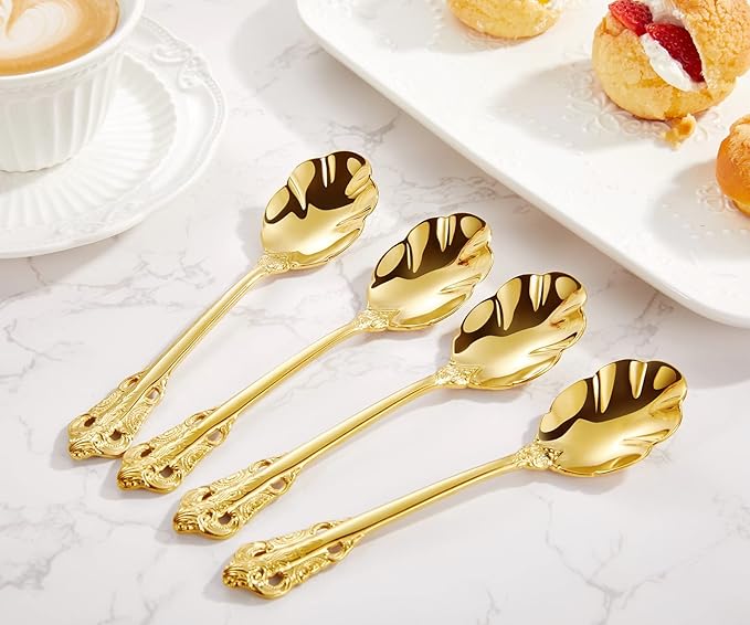KEAWELL Premium Luxury 4-Piece 6" Tea Spoon Set, 18/10 Stainless Steel, Vintage Coffee Espresso Demitasse Spoons, Smooth Edges, Dishwasher Safe (Gold)