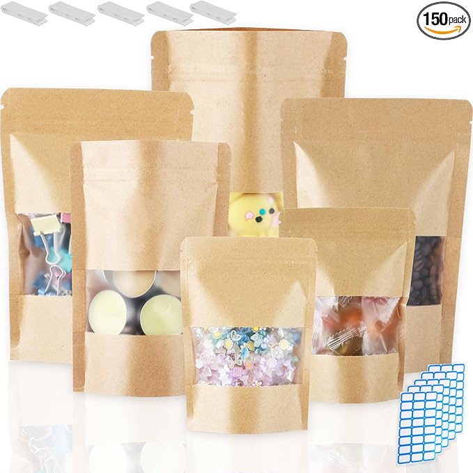 150 Kraft Mylar Bags for Food Storage 6X9 Mylar Bags with Window Candy Packaging Resealable Bags Reclosable Small Stand Up Pouches Edible Packaging, Kraft Paper Bags for Small Business by Circloophs