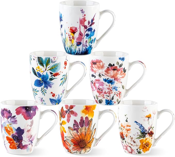 GBhome 12oz Coffee Mugs Set fo 6, Ceramic Coffee Mugs with Decaled Flowers for Man Woman Mom Dad, Light Weight Coffee Mugs Set for Latte/Cappuccino/Cocoa/Milk, Dishwasher & Microwave Safe by GBhome