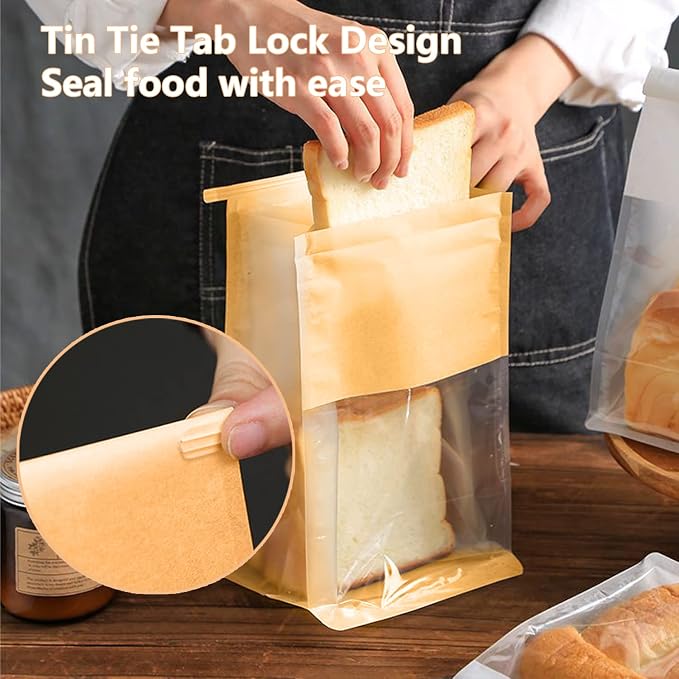 50 PCS Bread Bags for Homemade Breads, 11x5.1x3.9 Inch Resealable Cookie Bags with Tin Tie Tab Lock, Paper Bakery Bag with Window for Packaging Bagels, Muffin, Scone, Brownie, Baked Goods Storage - Image 6