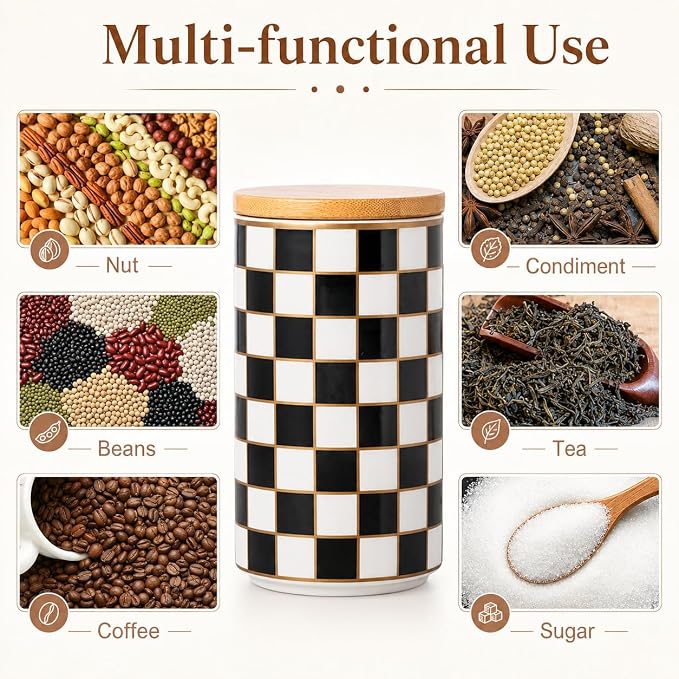 Kitchen Countertop Ceramic Checkered Canisters,Black And White Food Storage Containers With Lid,Airtight Kitchen Canisters for Flour, Sugar, Coffee, Tea, and Dry Goods (Black, Large) - Image 3