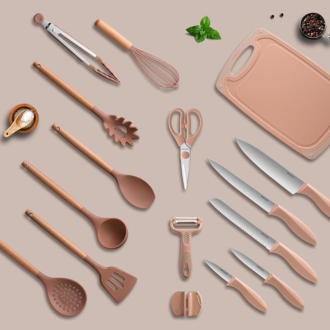 RAXCO Utensil Sets,18-Piece Silicone Cooking Utensils and Knife Set,Mousse | Dishwasher-Safe Kitchen Utensils,Large Capacity Countertop Organizer for Knives,Utensils,Cutting Board - Image 3