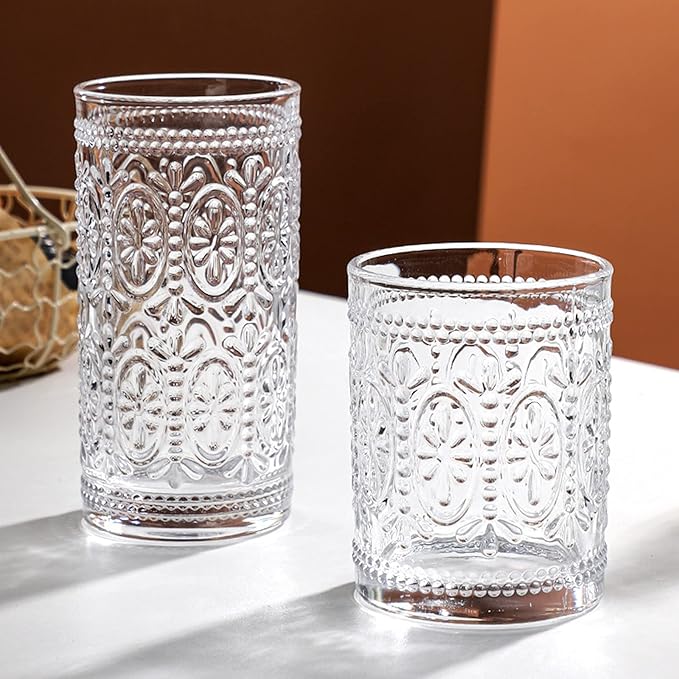 Bekith 6 Pack Drinking Glasses, 9.5 oz Romantic Water Glasses, Clear Embossed Glass Cups Vintage Glassware Set for Whisky, Juice, Beverages, Beer, Cocktail - Image 4