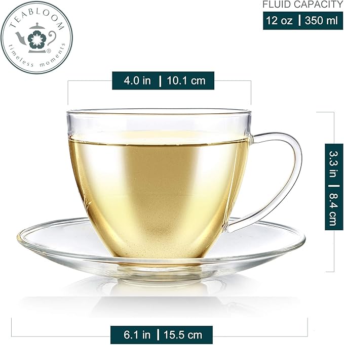 Teabloom Royal Teacup and Saucer Set 2-Pack – 12 OZ/ 350 ML Capacity – Glass Mug Set – Premium Borosilicate Glass – Durable and Heat Resistant