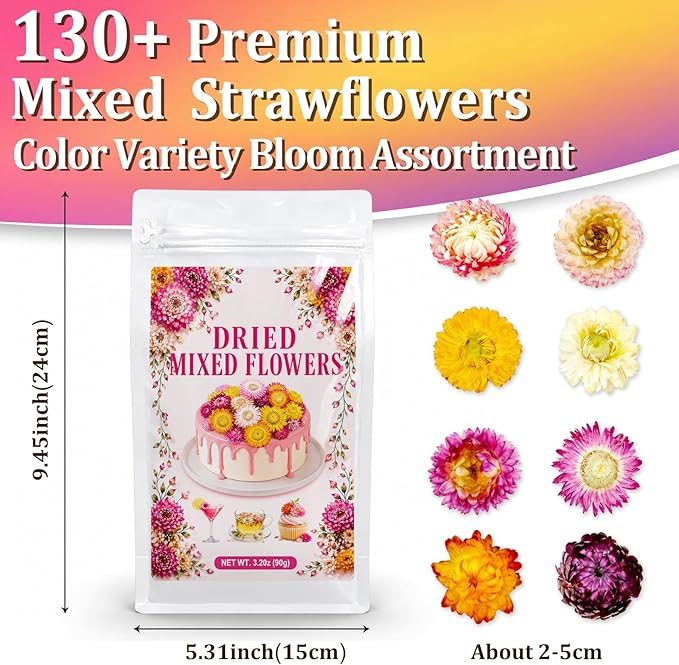 130+ Edible Dried Mixed Flowers for Cake Decorations - Food Grade Natural Color Strawflower, Dried Flower for Drink Toppers, Cocktail Garnish, Cupcakes & DIY Crafts - Image 2