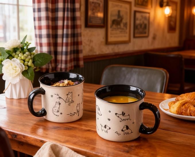 AmorArc 22 OZ Large Ceramic Coffee Mugs Set of 2, Oversized Mugs With Big Handle for Men Women Dad Mom, Big Mug With Textured Dogs Cats Patterns for Office & Home -Microwave Safe, 2 Pcs-Black - Image 6