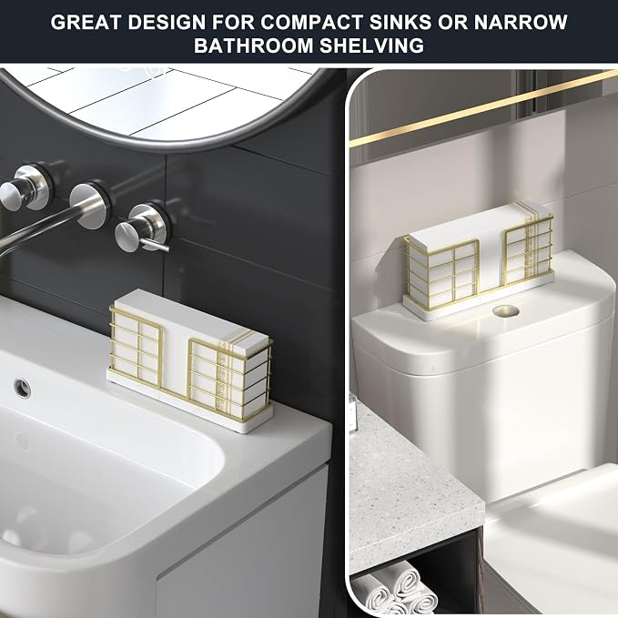 Wican Marble Vertical Stance Bathroom Napkin Holder, Takes Up Less Space | Small Guest Bathroom Towel Tray for Powder Room Table Wooden Basket for Disposable Paper Hand Towels, Gold and Marble White - Image 3
