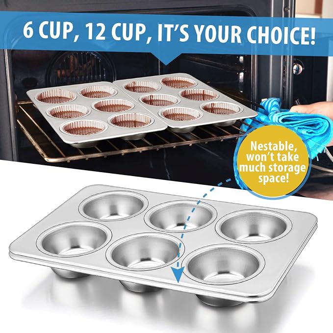 E-far Stainless Steel Muffin Pan Set of 2, 6-Cup Cupcake Tin for Baking | Metal Muffin Tray, Non-toxic & Healthy, Oven & Dishwasher Safe, Regular Size - 11.44 x 7.12 x 1.25 Inch - Image 5