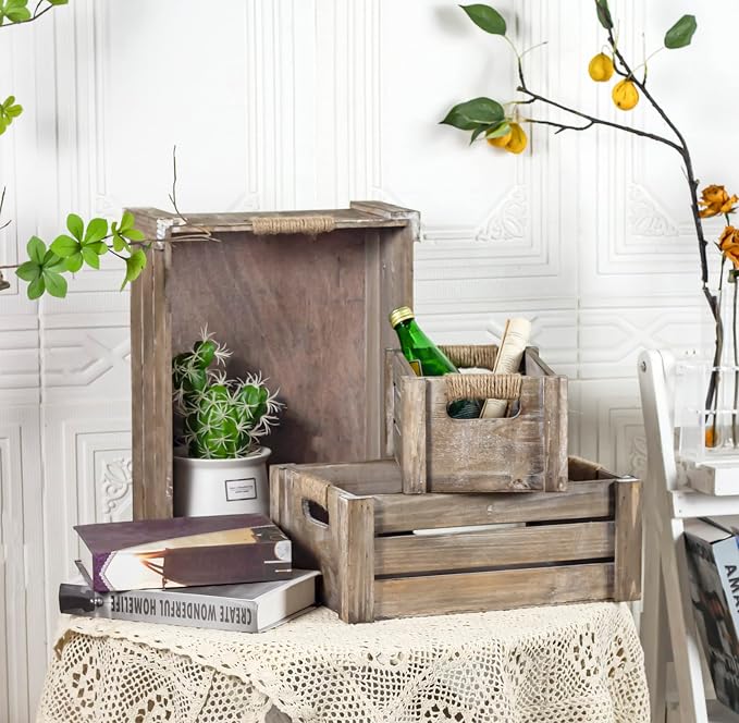 TIMRIS Set of 3 Rustic Wood Nesting Crates, Farmhouse Wooden Storage Container Boxes with Cutout Handles, Decorative Wooden Baskets for Display (Rustic Gray) - Image 4