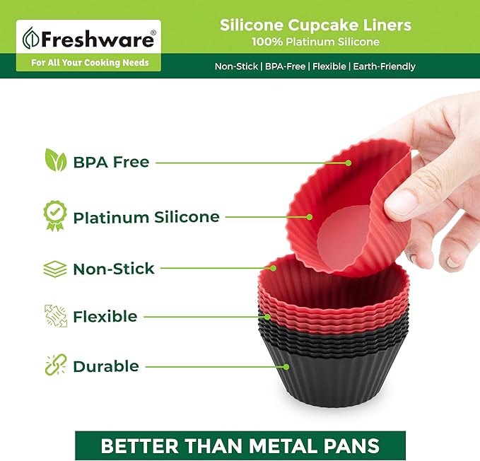 Freshware Cupcake Liners, Pack of 12 Silicone Muffin Cups, Baking Cups, Reusable & Non-stick Cupcake Liners for Party Halloween Christmas, Round