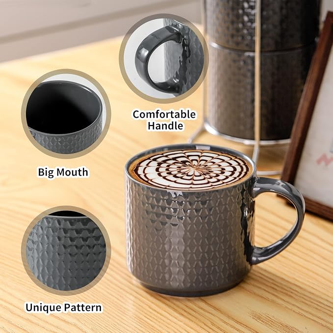 Hasense Coffee Mugs Set of 4 with Stand, 15 oz Porcelain Stackable Coffee Cups Set with handle for Tea, Latte, Milk and Cappuccino, Grey Embossed Tea Cups Set with Geometric Patterns for Men and Women - Image 2