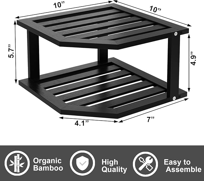 VERTORGAN 2 Tier Bamboo Dish Drying Rack,Corner Shelf 2 Pack(Black) | Pantry Storage,Dish Rack,Spice Rack,Corner Organizer,Kitchen Counter Shelves,Kitchen Storage,Holds Plates - Image 3