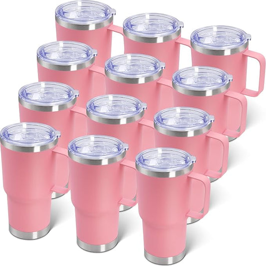 20 oz Tumbler with Handle and Lid Insulated Travel Coffee Mug Pink 12P | Stainless Steel Tumbler, coffee tumbler with handle,Spill Proof Double Wall Vacuum Tumbler Cup Keep Drink Hot & Cold by ATQTQ