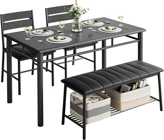 IRONCK Dining Table Set for 4, Kitchen Table and Chairs Set, Black | Kitchen Table with Upholstered Bench and 2 Chairs for Small Space, Apartment by IRONCK