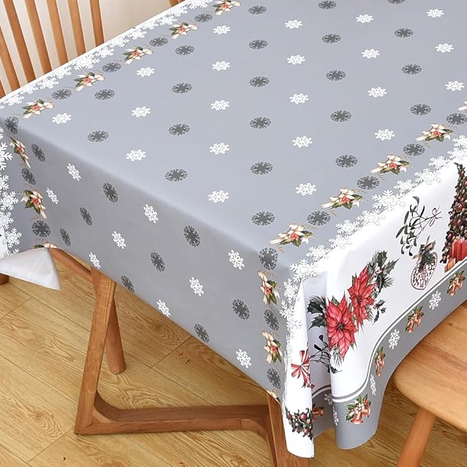 Christmas Table Cloth Rectangle Heavy Duty Vinyl Grey Christmas Tablecloth Plastic Reusable Santa Tablecloth Wpieable Waterproof PVC Xmas Table Cover for Dining Party New Year(Gray, 54"x78") by Yofori
