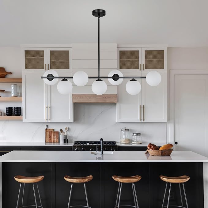 Modern Linear Chandelier 7-Light, Mid Century Black Globe Pendant Light for Dining Room, Kitchen Island Lighting Fixtures Ceiling, Bubble Glass Chandelier over Table for Living Room, Foyer, Bedroom - Image 3