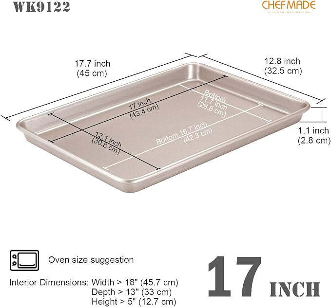CHEFMADE 17-Inch Baking Sheet Pan, Non-Stick Carbon Steel Rimmed Cookie Sheet Pan for Oven Roasting Meat Bread Jelly Roll Battenberg Pizzas Pastries 12.8" x 17.7" x 1.1"(Champagne Gold) - Image 2