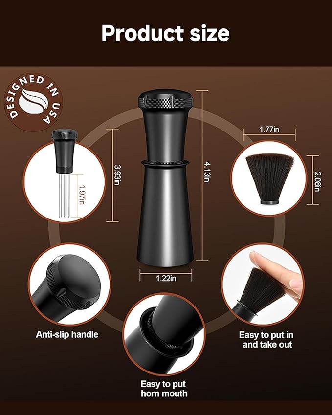 WDT Espresso Distribution Tool - Espresso Accessories with Built-in Cleaning Brush - Espresso Stirrer Tools- 0.35mm 7 Needle Distributor and Extra 7 Needles - Aluminum Handle with Stand