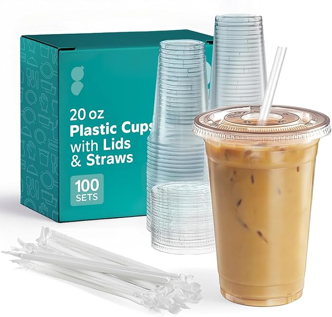 GUSTO [20 oz - 100 Sets Clear Plastic Cups with Lids and Straws – Disposable Iced Coffee Cups for Cold Drinks, Smoothies, Boba, and To-Go Beverages – Sturdy, Easy-to-Separate