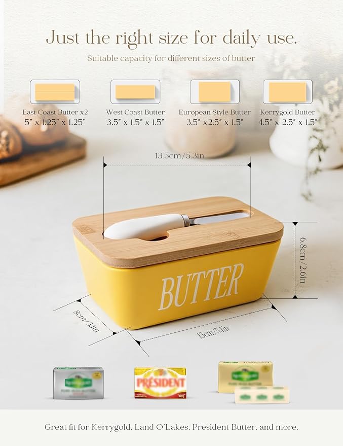 Ceramic Butter Dish with Lid and Knife Silicone Seal for Countertop Yellow | Suitable Capacity, Great Sealing, Home Decor Kitchen Gift Housewarming Gift - Image 2