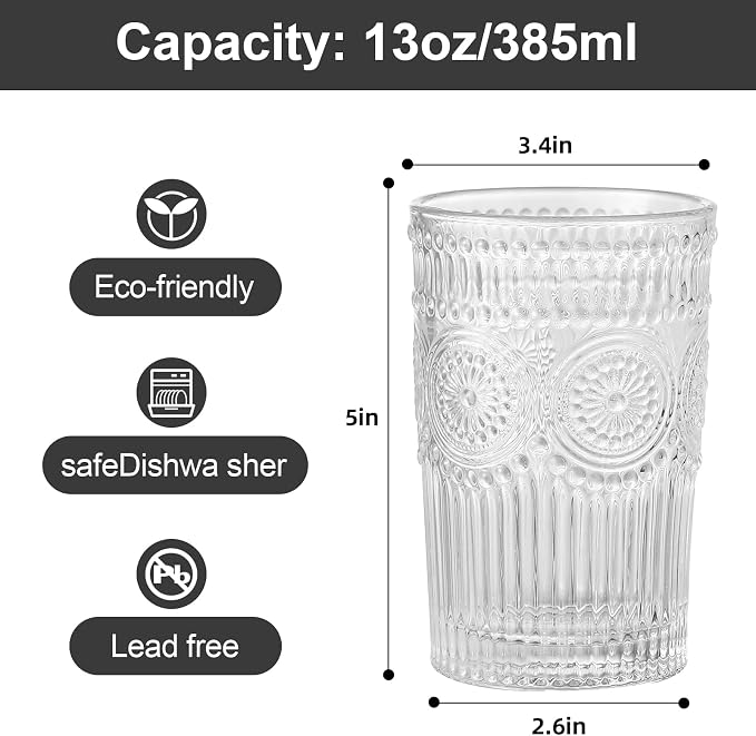 ZMOWIPDL Drinking Glasses Set of 6,13oz Flower Design Clear Glass Cups | Vintage Glassware,Textured Tumblers,Embossed Striped Drinkware for Water,Cocktails,Juice,Iced Coffee - Image 2
