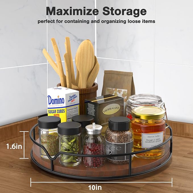 Lazy Susan Turntable Organizer with Anti-Slip Mat for Cabinet Pantry Kitchen Countertop Refrigerator Office, Pine Wood, 10", Brown - Image 2