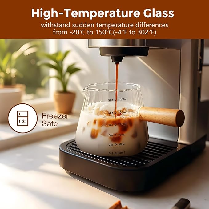 YARRAMATE 6 oz/180ML Glass Measuring Cup with Wooden Handle – Espresso Shot Cups, Ribbed Milk Frothing Pitcher, Dual Scale Markings, V-Shaped Mouth for Easy Pouring