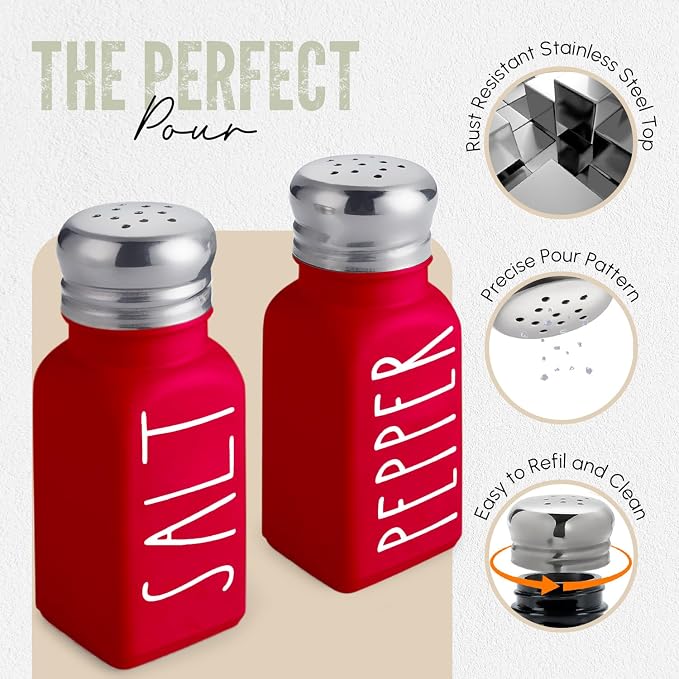 Red Salt and Pepper Shakers Set by Brighter Barns - Modern Farmhouse Kitchen Decor and Accessories for Home Restaurants Weddings - Cute Modern Glass Christmas Shaker Sets & Stainless Steel Lid (Red) - Image 2