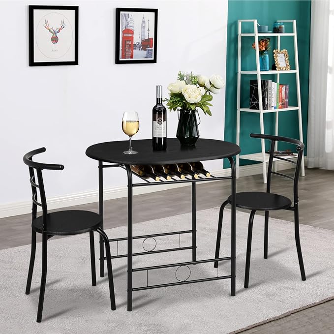 VINGLI 3 Piece Dining Set,Small Kitchen Table Set for 2,Breakfast Table Set,Kitchen Wooden Table and 2 Chairs for Small Space/Dining Room/Apartment,Metal Frame,Wine Rack,Black - Image 3
