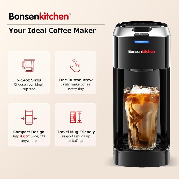 Bonsenkitchen 2-in-1 Single Serve Coffee Maker for K Cup & Ground Coffee | Fast Brewing (6-14oz), Travel Mugs Friendly, Space-Saving for Home，Office，Dorm - Image 2