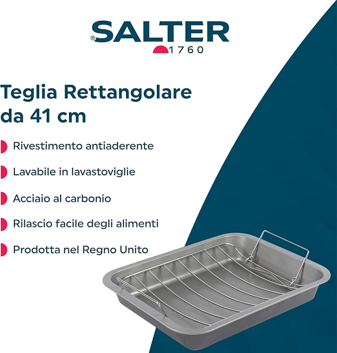 Salter Essentials Roasting Tray 41 Cm, Rectangular Carbon Steel | Non-Stick PFOA-Free Coating, Dishwasher Safe, High Sides For Roasting Joints And Vegetables, Made In The UK, Silver Interior - Image 2