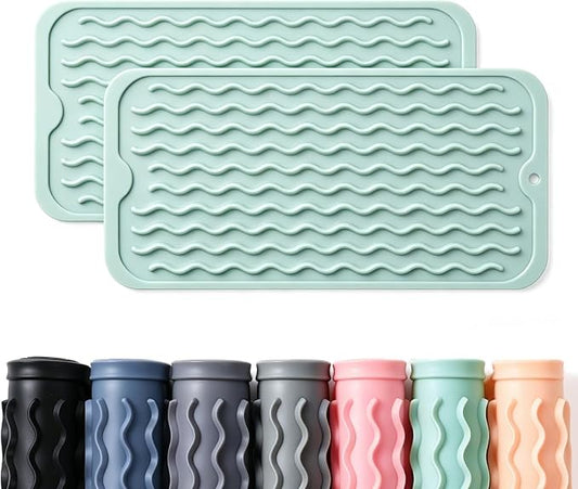 2 Pack Caketime Silicone Dish Drying Mat for Kitchen Counter Under Bathroom Sink Near Faucet Absorbent for Dishes Water Heat Resistant Pad with Soap Holder Decor essentials 12inchx6inch Green by CAKETIME