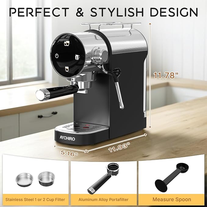 AYCHIRO 20 Bar Semi-Automatic Espresso Machine, Touch Panel Espresso Maker with Milk Frother Steam Wand, Cappuccino Latte Coffee Machine, Removable Water Tank for Home Barista, Black - Image 7