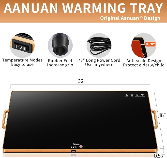 Warming Trays for Buffets Party, 32"x18", Tempered Glass Food Warmer, Black | Keep Food Warm, Gold Handles Food Warming Mat for Daily Use, With Thermostat, Button Temperature Control, Full Surface Warm - Image 2