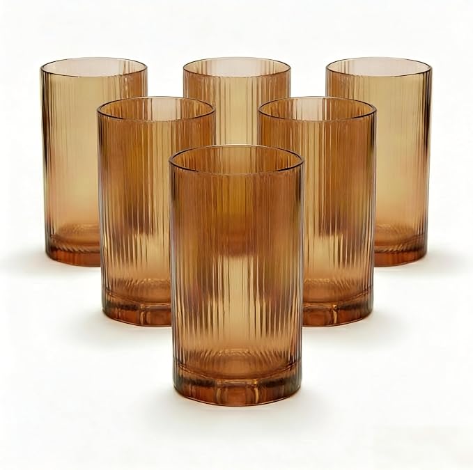 Physkoa Brown Ribbed Drinking Glasses Set of 6 – Vintage Embossed Highball Glassware, Thick Durable Tumbler Cups for Water, Juice, Cocktails, Iced Coffee, Kitchen Bar Gift Set - Image 2