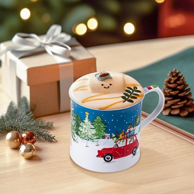 12 oz Christmas Car Coffee Mug, Festive New Bone China Mug with A Red Beetle in Snowy Winter Scene, Holiday Gift for Car Lovers, Kids & Family, Designed in England by Harvest Green Studio - Image 2