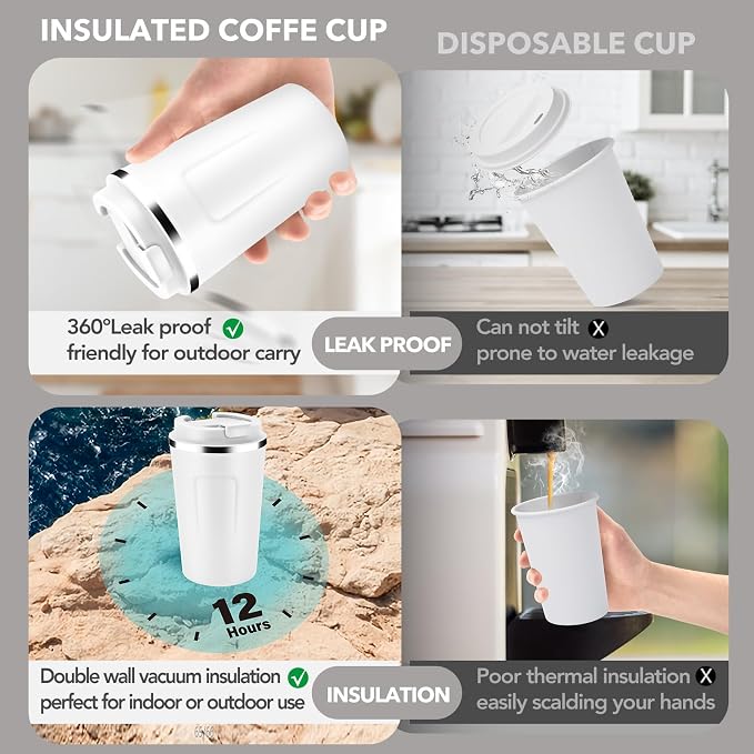 Volhoply 12 oz Double Wall Insulated Vacuum Travel Coffee Mugs with Flip Lid Bulk 2 Pack,Reusable Stainless Steel Leak Proof Coffee Cup,Portable Thermal Tumbler for Cold & Hot Drinks(Assorted,2 Set) - Image 3