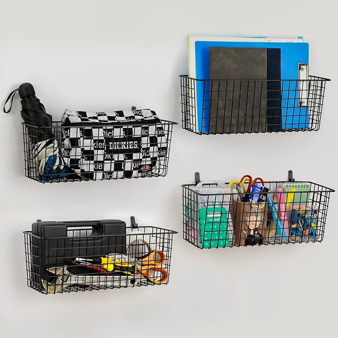 4 Set [EXTRA LARGE] Hanging Wall Mount Storage Baskets with Adhesive Hooks & Steel Hooks, Multiuse Sturdy Wire Metal Organizing Baskets for Home Kitchen Bathroom Pantry Utility Organizer, Black - Image 8