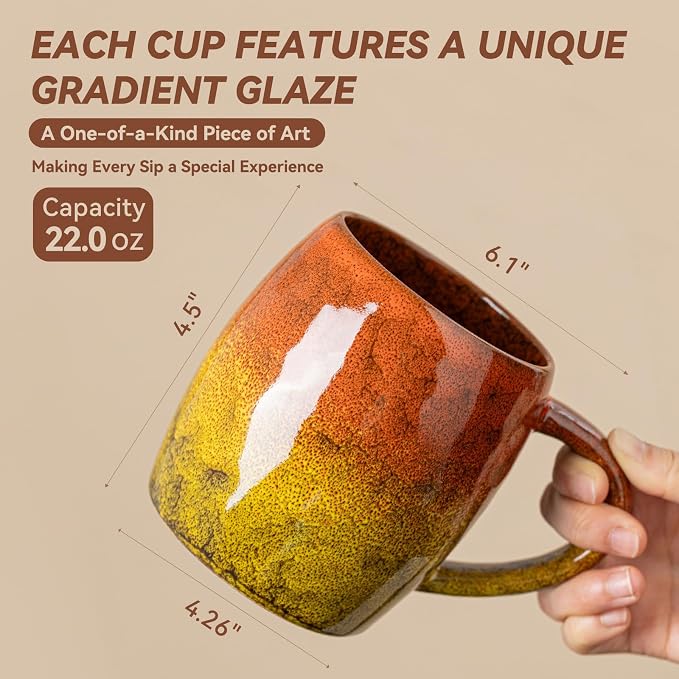 Handmade 22oz Ceramic Coffee Mug, Ergonomic Large Handle, Ideal Gift for Coffee Lovers, Microwave & Dishwasher Safe (Minute-Orange&Yellow) - Image 5