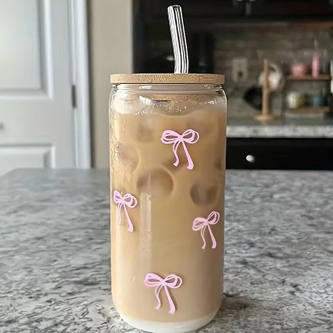 Glass Tumbler – With Straw and Lid, 500ml Bow Cup, Borosilicate Glass, Spill Resistant Lid Design, Reusable Straw Included, Easy Grip Handle | Iced coffee, tea, smoothies, cold beverage