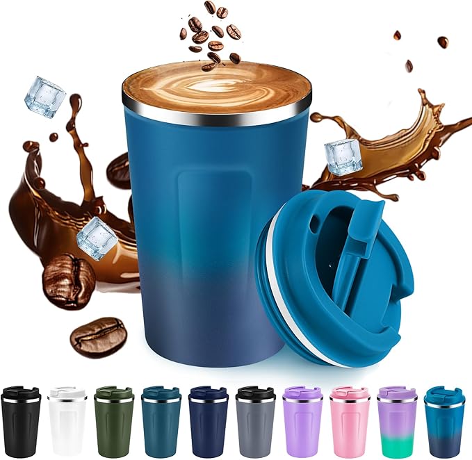 Volhoply 12 oz Double Wall Insulated Vacuum Travel Coffee Mug with Flip Lid,Reusable Stainless Steel Leak Proof Coffee Cup,Portable Cafe Thermal Tumbler Suitable for Hot&Cold Drinks(Dark Night,1 Set) by LiveFully%EF%BC%8CDrinkFreely%E2%80%94KeepGoingwithVolhoply%EF%BC%81