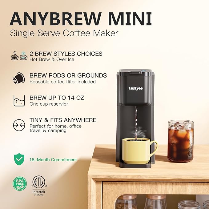 Tastyle Mini Single Serve Hot and Iced Coffee Maker for K Cup and Ground | 6 to14 Oz Brew Sizes, with Recipe Book, for Home, Travel, RV, Office and Dorm, 120V, K310IC, 2.0 version, Classic Black - Image 2