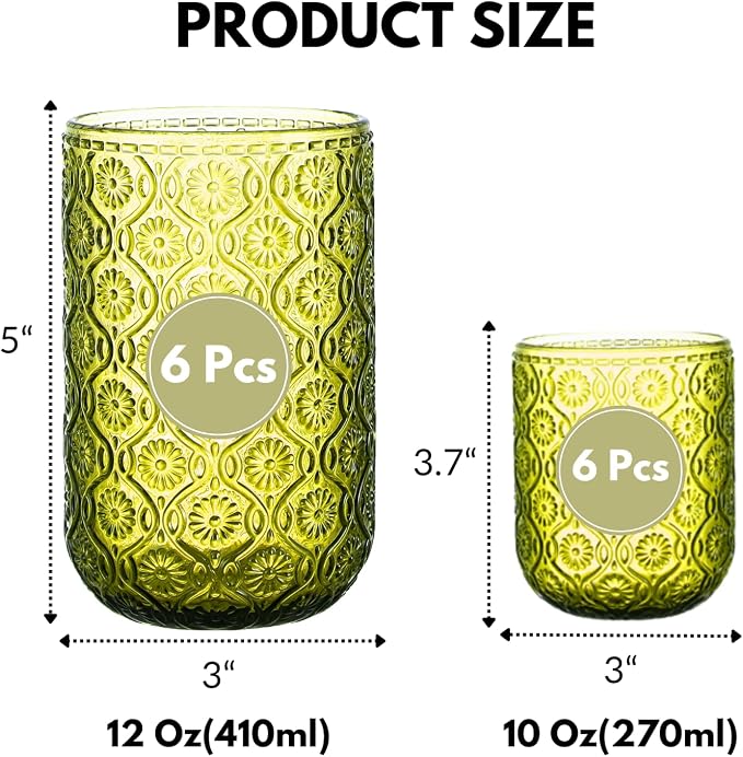 Green Drinking Glasses Set of 12, 12 Oz Highball & 10 Oz Cocktail Glasses, Green Kitchen Vintage Glassware Set, Floral Embossed Glass Tumbler Cups for Water, Beer, Juice, Whiskey, Coffee - Image 4