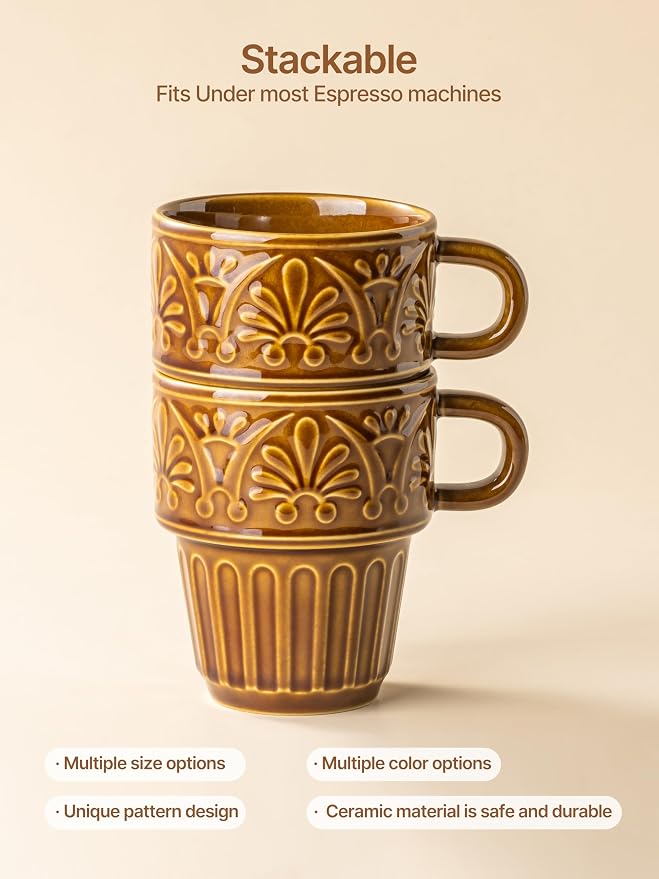 Ceramic Coffee Mug, Stackable Mug 3.3 OZ Coffee Mugs, Espresso Cups, Mugs Set of 6 for Latte Milk Hot Chocolate, for Men Women Kids, Ideal for Home Restaurant Daily Use & Holiday Gifting, Brown - Image 5