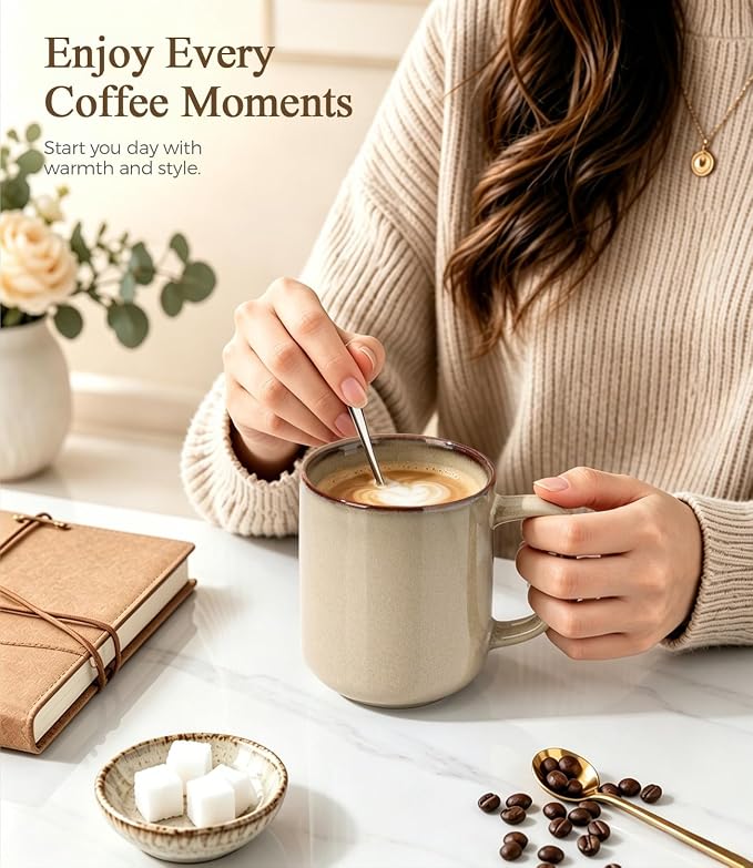 GBhome Large Coffee Mugs Set of 6, 16oz Handmade Coffee Mugs Set with Large Handle for Cappuccino/Latte/Tea/Hot Cocoa, Dishwasher & Microwave Safe-Oatmeal - Image 4