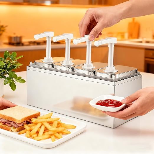 2.11 Quart Stainless Steel Sauce Pump Dispenser,Condiment Pump Station Detachable Leak-Proof Design for Sauce Honey Syrup Dressing,Commercial & Home Kitchen Use (4 Heads, 2L)
